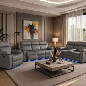 U6026 GREY PU 46A REC SOFA/CON REC LOVESEAT W/SPEAKER/GLIDER REC